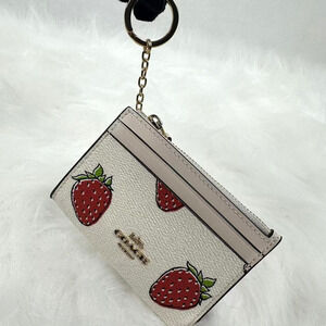 Coach Mini Skinny Id Case With Strawberry Print In Canvas Chalk Multi CAR17 NWT